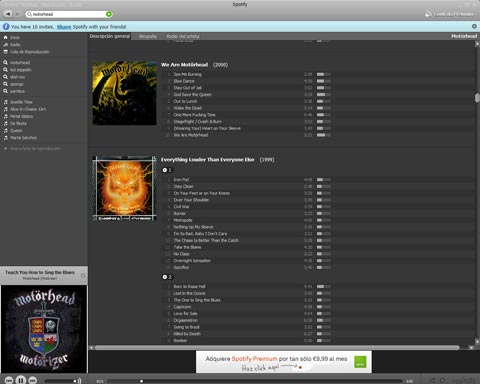 Spotify en funcionamiento reproduciendo canciones de Motorhead. Una buena elección.