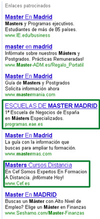 Anuncios de AdWords con el mismo título para la cadena "master en madrid"