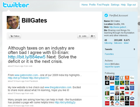 La cuenta de Twitter de Bill Gates, creciendo en seguidores como la espuma.