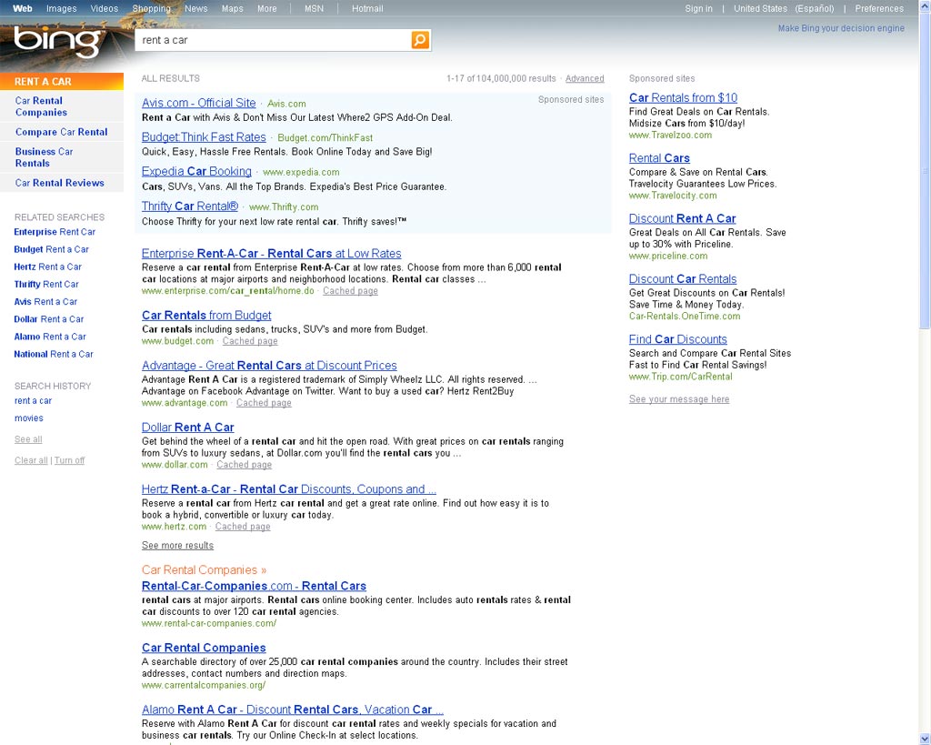 Pagina de resultados del buscador Bing