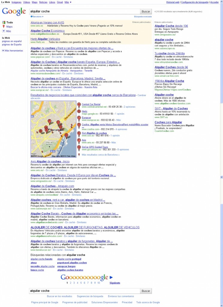 Pagina de resultados nueva de Google.es para la búsuqeda "alquilar coche"