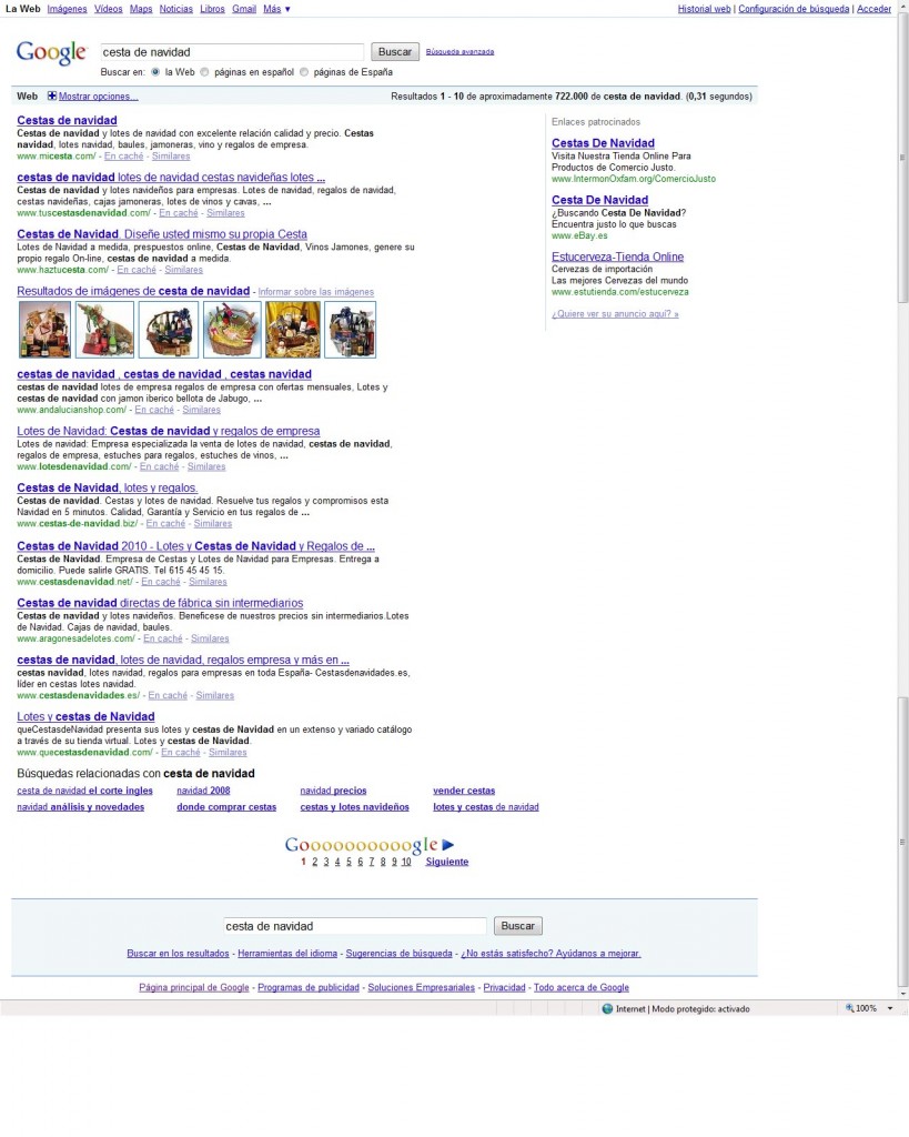 La página de resultados de google.es para la búsqueda "cesta de navidad"