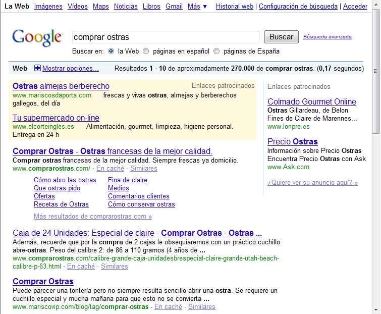 Los resultados de la búsqueda "comprar ostras" en google.es. El primer resultado es comprarostras.com