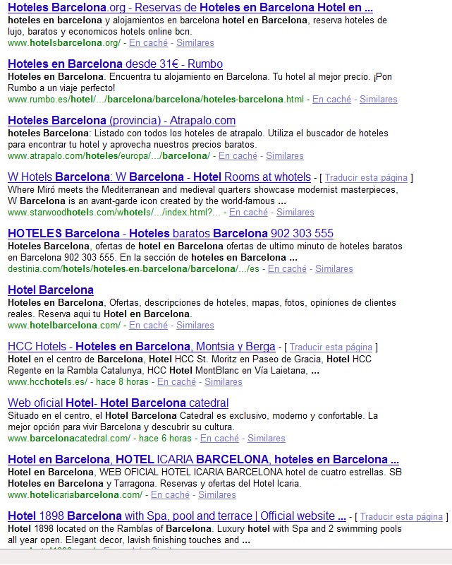 Resultados orgánicos de la búsuqeda "hotal en barcelona", con hotelsbarcelona.org como primer resultado.