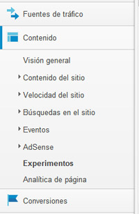 Menú de contenido de Google Analytics, donde está la opción Experimentos