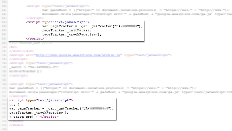 Imagen del codigo fuente de un sitio web donde vemos que el código fuente incluye dos veces el mismo código de Analytics, lo que origina el problema